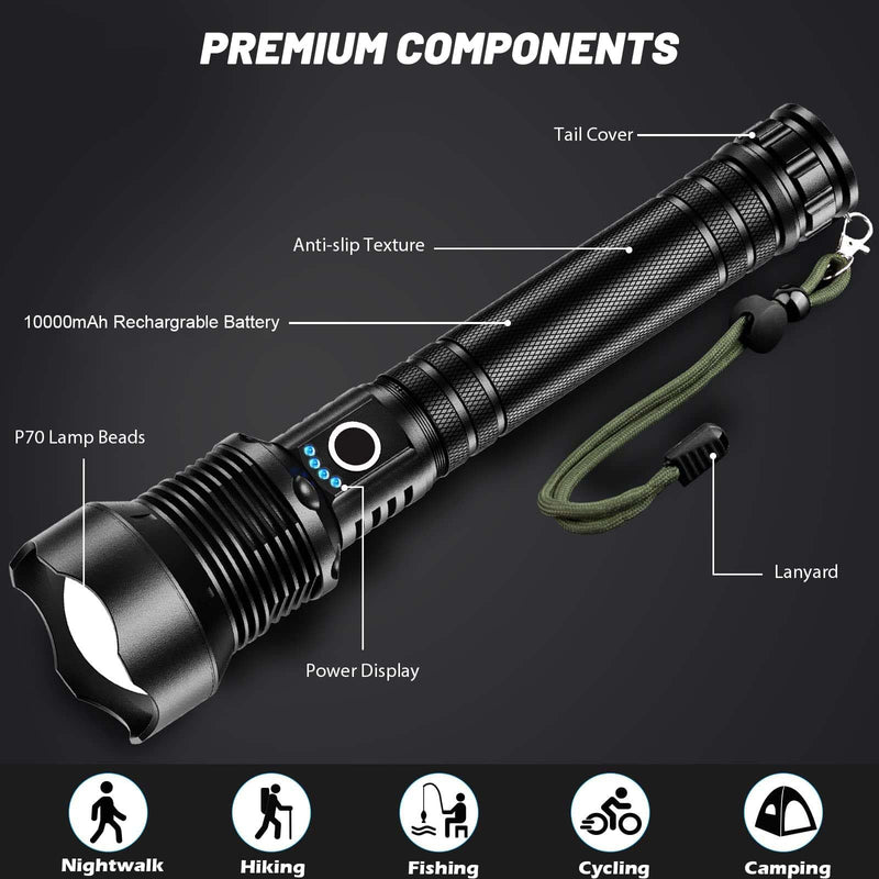 Rechargeable Flashlights 90,000 Lumens, Super Bright LED Flashlight High Lumens with USB Cable, 5 Modes Waterproof Flashlight Powerful Flash Light for Home Camping Hiking