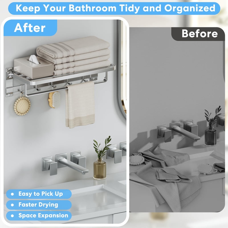 Foldable Wall Mounted Towel Rack, 23 Inch Rustproof Aluminum Towel Shelf with Bar & 5 Hooks, Space Saving Bathroom Organizer, Silver Matte Silvery