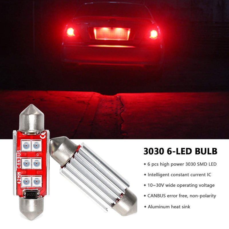 PHINLION 578 LED Light Bulbs, Super Bright 3030 6-SMD Festoon 41mm 42mm 211-2 212-2 LED Bulbs for Car Interior Map Dome Trunk Courtesy Lights, Red (4 Pack)
