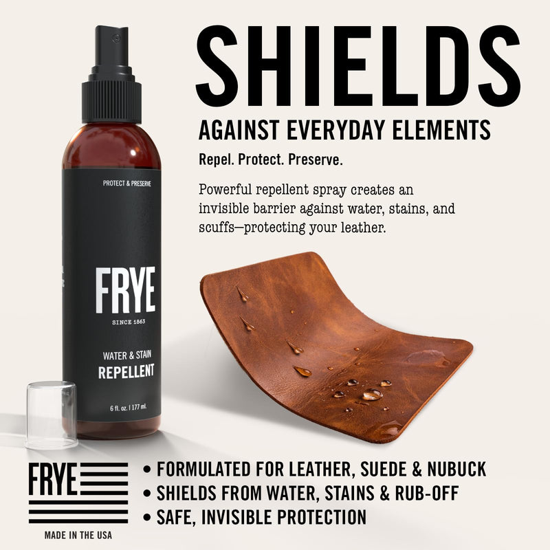 Frye Leather Water & Stain Repellent – 6oz Spray – Non-Aerosol, Made in USA – Protects Leather, Suede & Nubuck – Shields Against Water, Rain, Salt & Spills – Safe on All Colors