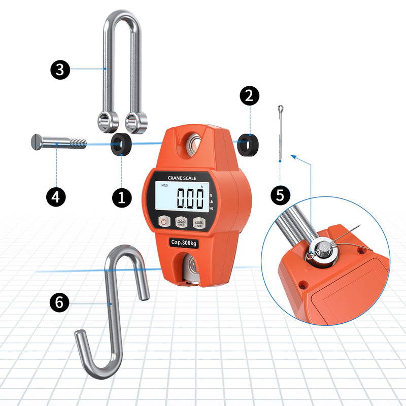 Hanging Scale 660lb/300kg - High-Accuracy Crane Scale with Aluminum Frame and LCD Display. Functions as Fishing Scale and Luggage Scale. for Farm, Hunting, Fitness, and Travel Weighing 300kg/0.1lb