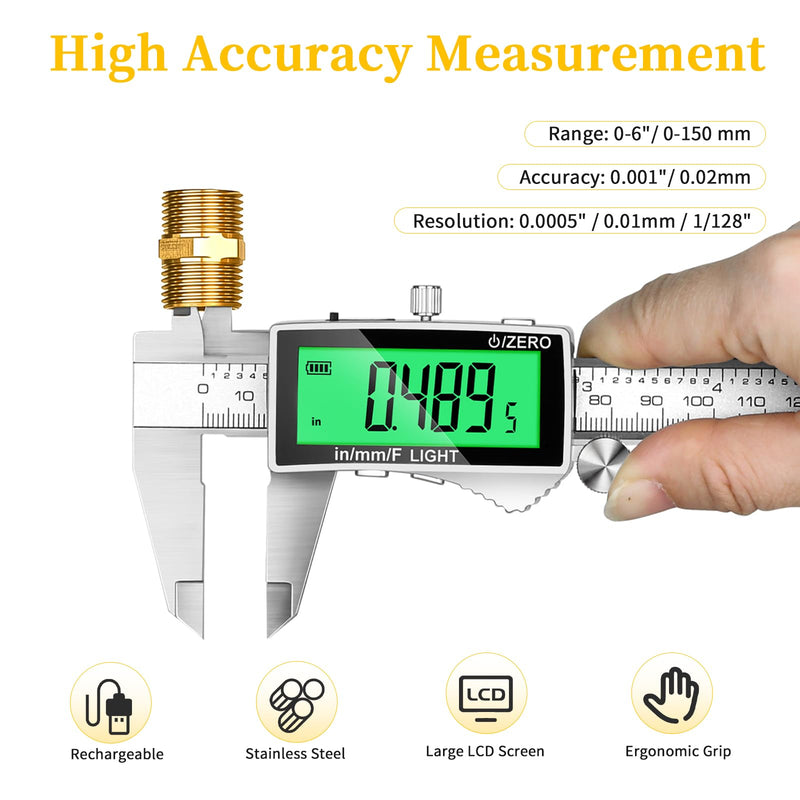 Rechargeable Digital Caliper 6 Inch, Stainless Steel Vernier Dial Calipers Measuring Tool - Backlit Large LCD Display, Inch/MM/Fraction, Auto-Off Micrometer for DIY, Household, 3D Printing