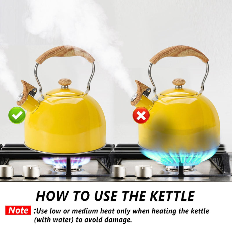 Tea Kettle,Whistling Tea Kettle Stovetop 2.6 Quart, Tea Pots for Stove Top Food Grade Stainless Steel,Wood Pattern Handle(Yellow),With Anti Scald Towel Yellow