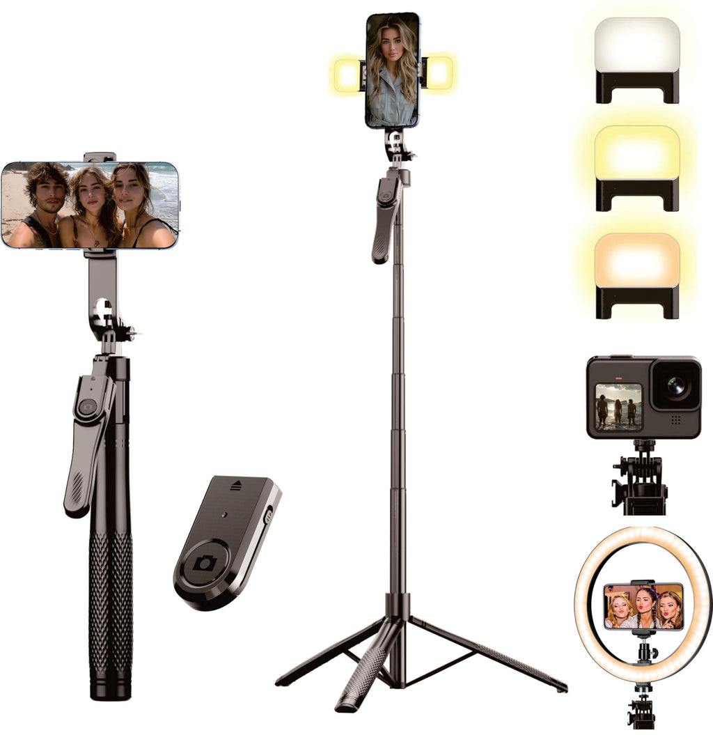 Selfie Tripod with Light, 80" Overhead Phone Mount with Light Camera Tripod for iPhone & Selfie Stick Tripod Stand with Remote 2 Lights, 360° Rotating Portable Phone Tripod Stand for iPhone Cell Phone