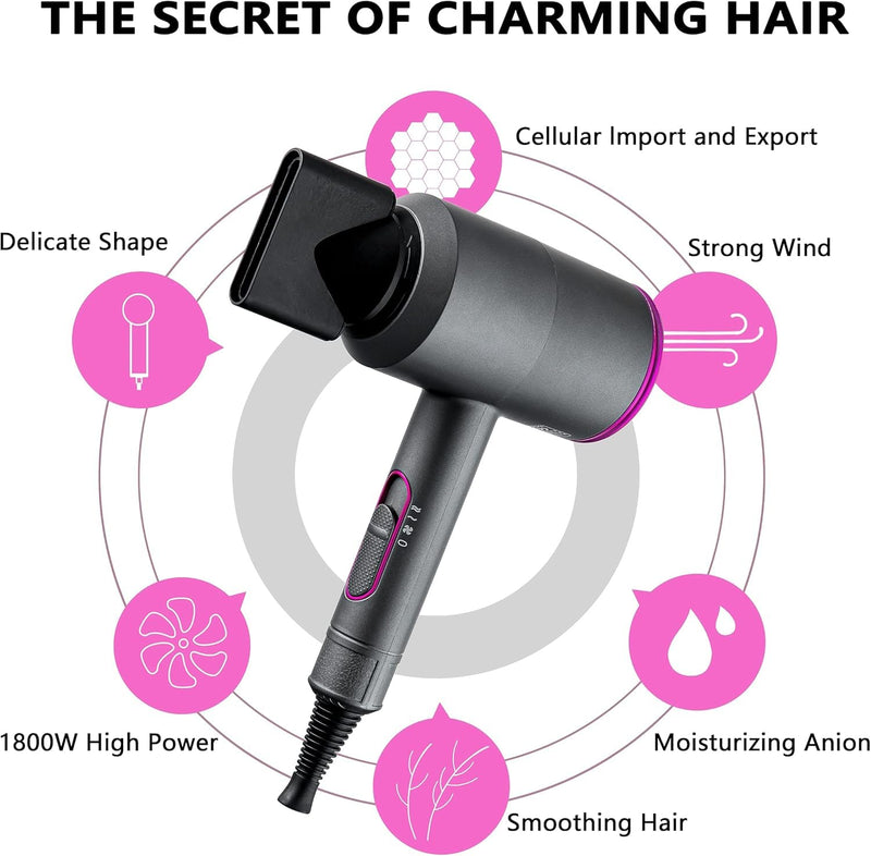 Professional Hair Dryer 2000W Fast Dry Negative Ions Hair Blow Temperature Hairdryer with Diffuser Hairdryer with 2 Speeds, 3 Heating and Cool Button Rose Pink