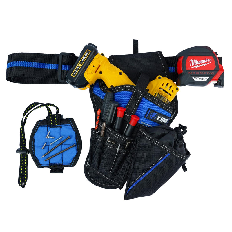 KUNN 3-in-1 Right-handed Drill Holster Set with Magnetic Wristband and Tool Belt, Cordless Drill Holster, Impact Driver Holster with Bit Pouch,Drill Holder for Tool Belt, Black and Blue