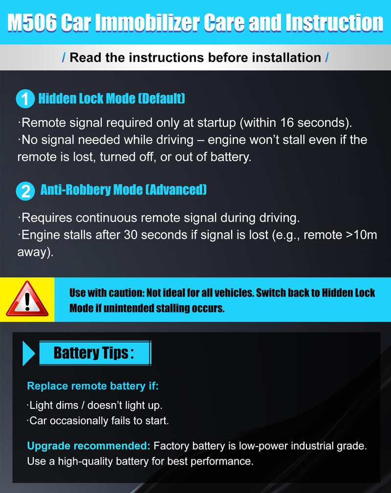 CHADWICK Car Immobilizer Anti-Theft Alarm System, M506 Wireless Engine Lock, Auto Anti-Robbery Device, Intelligent Circuit Cut Off Tool, Universal 12V Car Alarm + 2 Remotes, for Car, Motorcycle