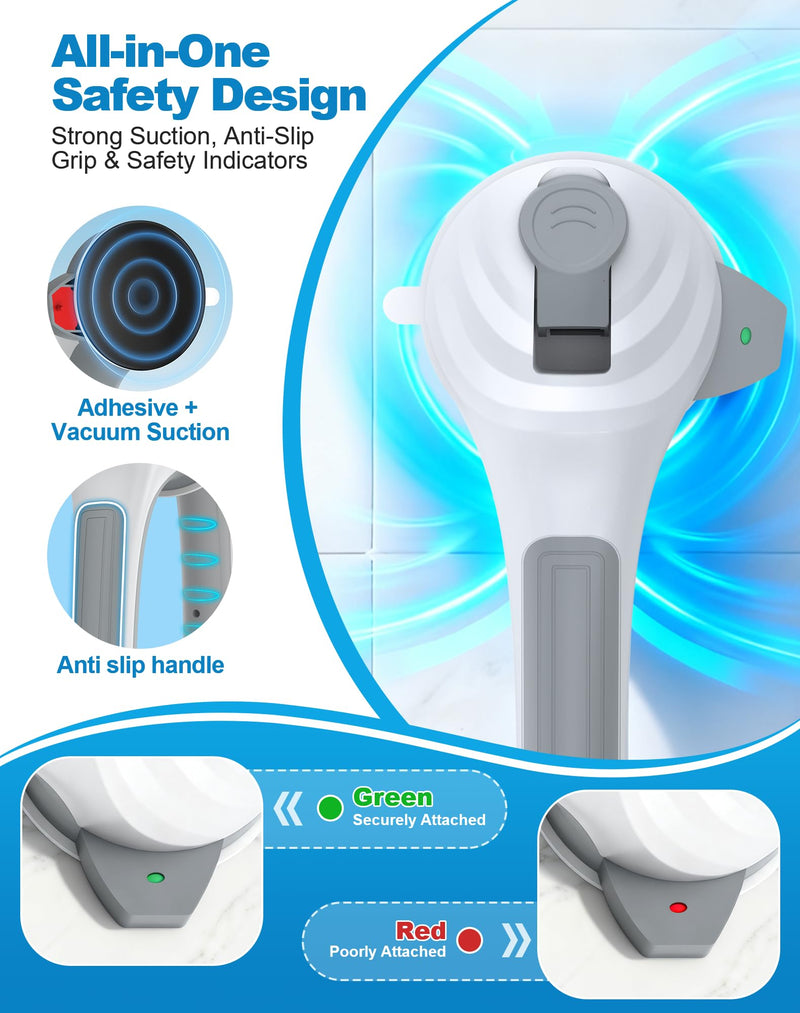 Grab Bars for Shower, 16.7" Shower Grab Bars for Seniors, Heavy Duty Suction Cup Shower Handle with Safety Indicators, No-Drill Anti-Slip Bathroom Shower Bars for Elderly & Handicap, 2 Pack White-Standard