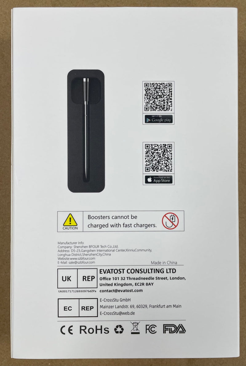 BFOUR Meat Thermometer Digital Wireless with LCD Booster, Bluetooth Food Cooking Thermometer with Smart App, 524FT Remote Range, 100% Waterproof & 752°F Heat Resistant Probe for BBQ Oven Grill Smoker Black