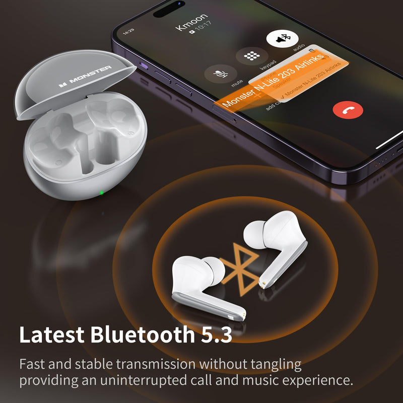 Monster N-Lite 203 AirLinks Wireless Earbuds, Bluetooth 5.3 Headphones HiFi Stereo, Wireless Earphones with 30H Playback, Type-C Charging, HD Clear Call, Touch Control, IPX6 in-Ear Earbuds, Silver Sliver