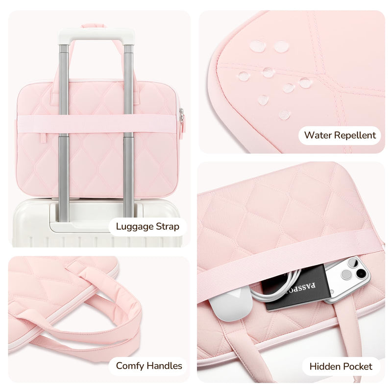Fintie Sleeve Case for MacBook Neo A18 Pro, Air 13 Inch, Pro 13/14 Inch | Quilted Diamond Puffer Laptop Carrying Case with Luggage Strap, Pocket, Soft Handles, Blush Pink