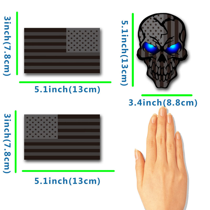 3 Pack 5.1"Reflective All Black American Flag Sticker, Skull Decal with Black US Flags, UV Fade Resistant Vinyl Car Flags Stickers for Trucks Jeep Van Women Men Motorcycle Laptop Skateboard Bike Bumpe