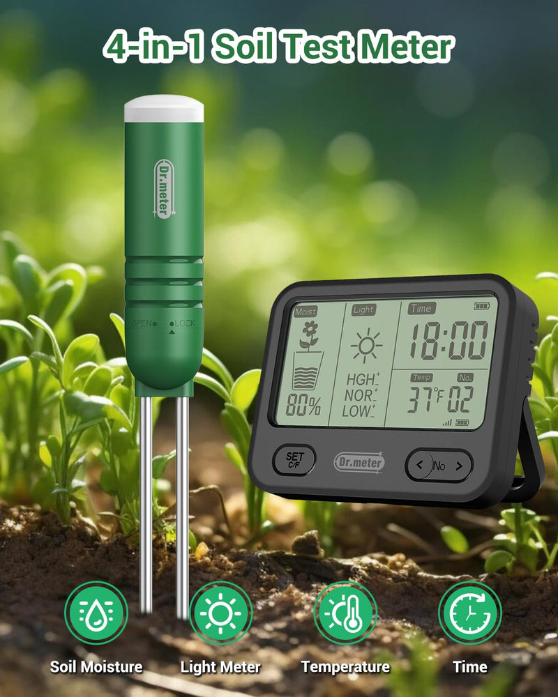 4-in-1 Soil Moisture Meter, 300ft Wireless Soil Tester Sensor, Temperature/Light/Time/Soil Hygrometer Monitor with Digital LCD Display for Indoor Outdoor Plants, Garden, Lawn, Gardening Gifts LCD Display + 1PCS Sensor