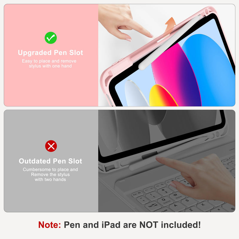 for iPad A16 11th/10th Gen Case with Keyboard, Rotating Folio Cover | 360 Degree Rotating Detachable Rugged Cover & Pencil Holder, Removable Wireless Keypad, Portrait/Landscape Mode, Pink