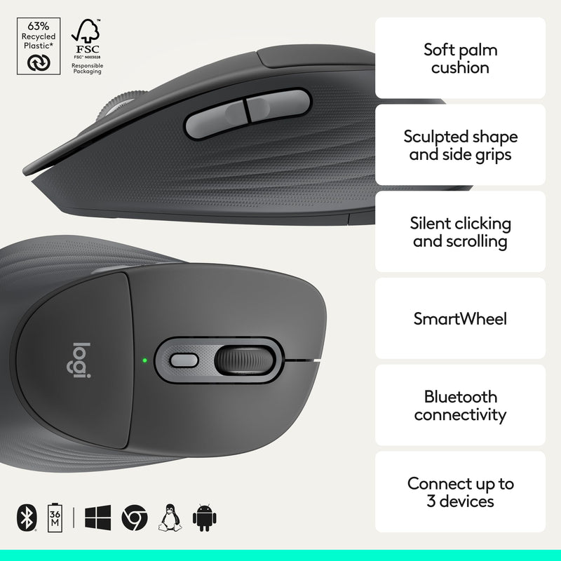 Logitech Signature Comfort Plus M850 L Wireless Mouse Bluetooth - Graphite | Bluetooth, palm cushion, 24-month battery, customizable buttons, for Windows, Mac, iPad With Palm Cushion