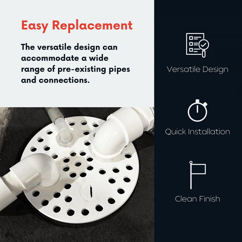 6.5 Inch Plastic Floor Drain Cover Replacement – Round Floor Drain Strainer with 4 Threaded Drain Ports, Includes Fittings, Basement & Garage Drain Grate Kit