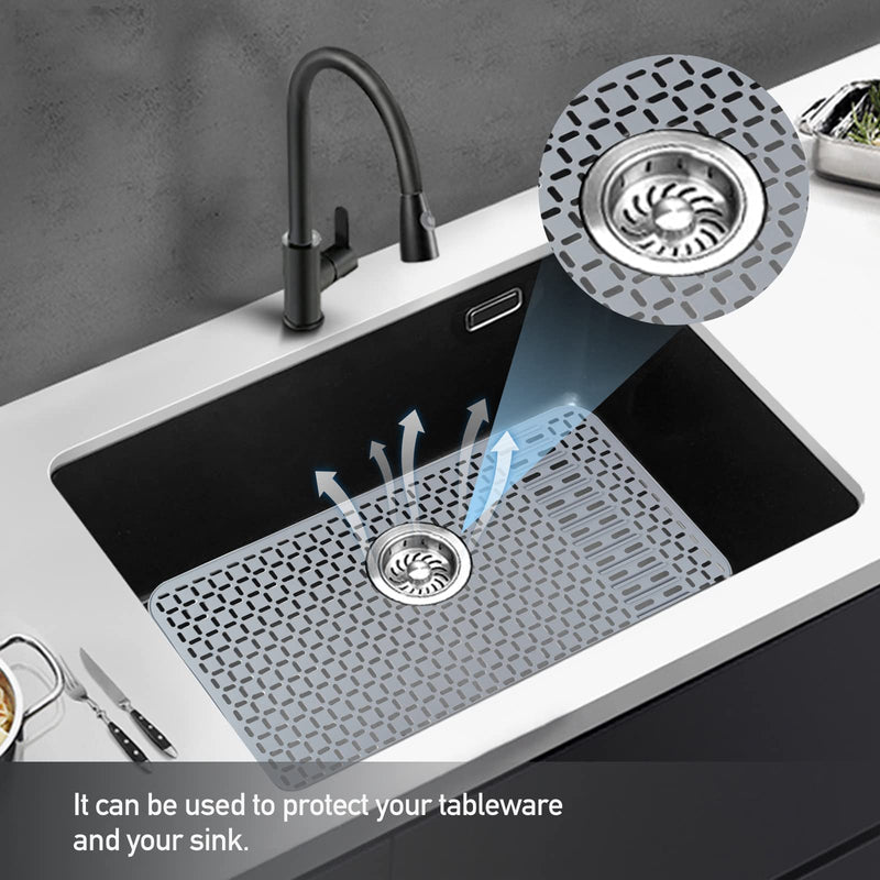 Silicone Sink Mat 26''x14'' Kitchen Sink Protector Mat With DIY Drain Hole, Grey Farmhouse Silicone Sink Mat Protector 1pcs Kitchen Sinks Accessories 26"