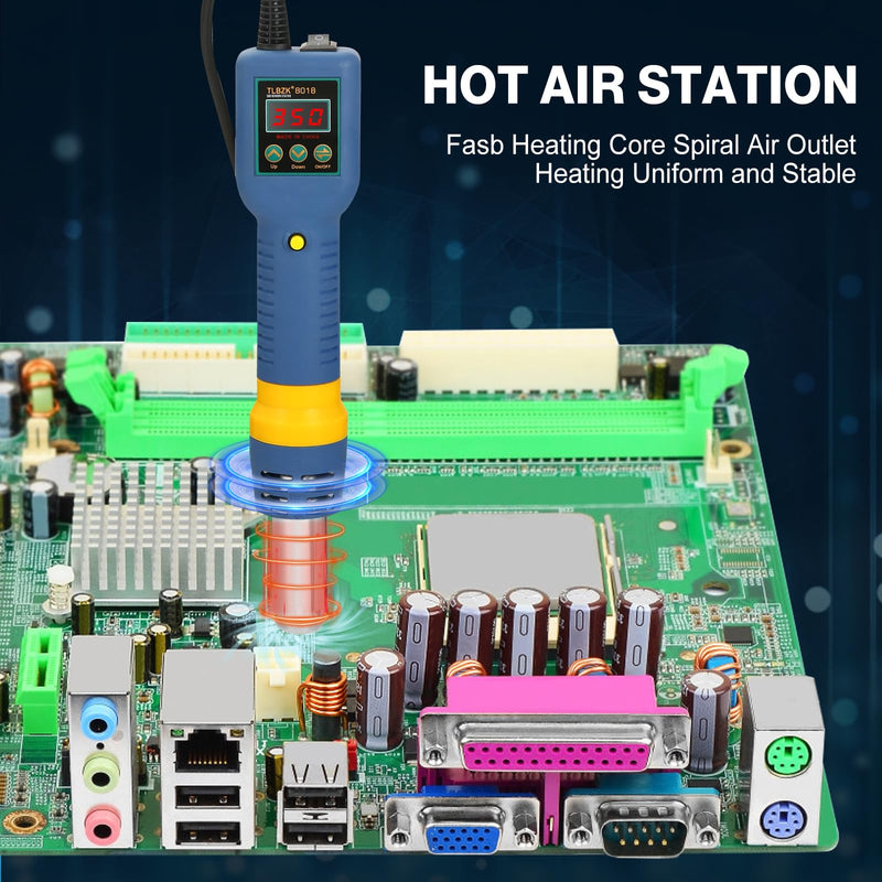 Hot Air Rework Station, 8018 Portable SMD Solder Station Heat Gun Digital Temperature Display with Nozzles Tweezers, °C/°F Conversion