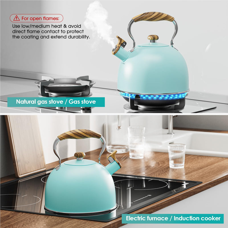 2.6 Quart Tea Kettle Stovetop Whistling for Stove Top, Blue | Food Grade Stainless Steel Tea Kettles with Cool Wood Pattern Handle, Induction Compatible 2.6 Quarts