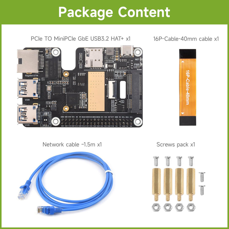 Waveshare PCIe to MiniPCIe/Gigabit Ethernet/USB 3.2 Gen1 HAT, Compatible with Raspberry Pi 5, Supports MiniPCIe Interface 4G Module, High-Speed Networking, Multiple OS Support