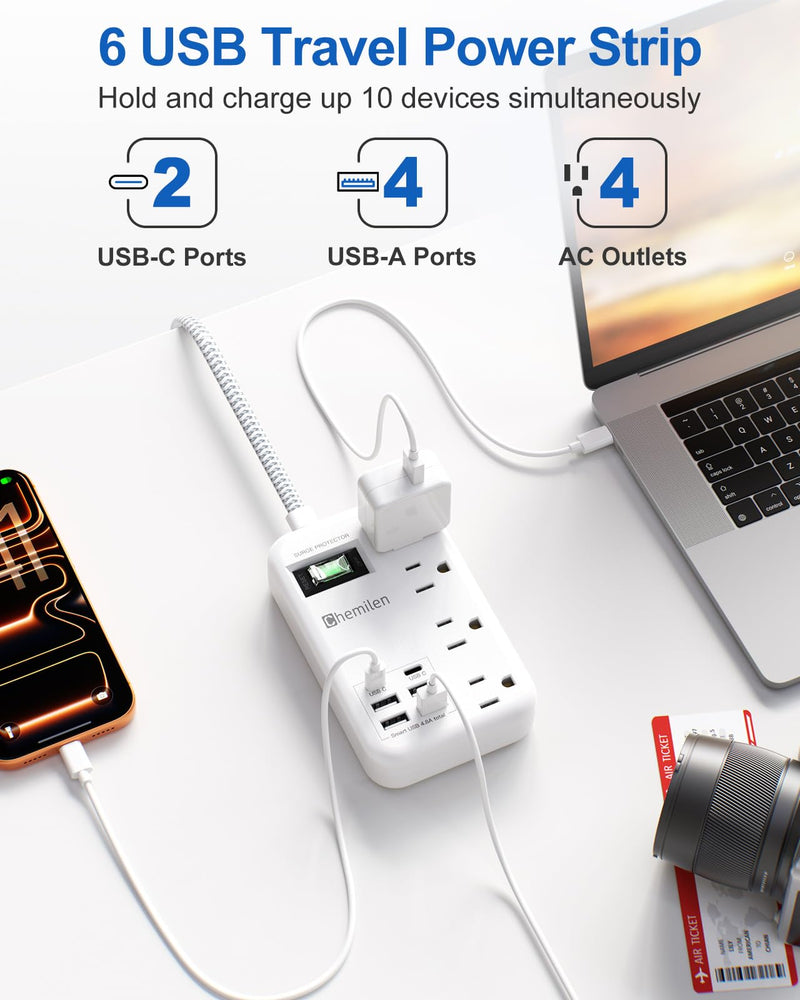 Travel Power Strip with 6 USB (2 USB C), 4 Outlets, 4Ft Extension Cord 13A | 6 USB Charging Station,4.8A,2 USB C,Surge Protector,Switch,Flat Plug,4FT Braided Extension Cord,For Travel Home Office Dorm