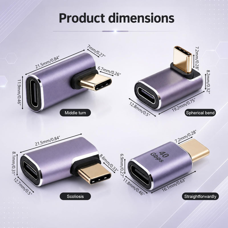 4 Style USB C Right Angle Adapter, 90 Degree Male to Female Adapter | Right Angle USB C Adapter Usbc 90 Degree Adapter 40gbps Type C Adapter Extender for Phone Pad Computers (Purple)
