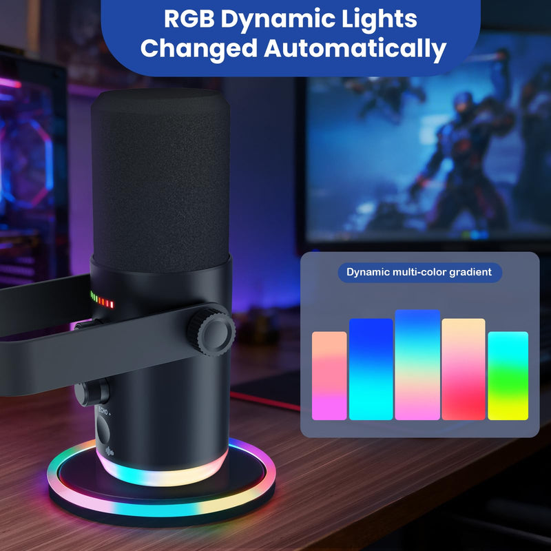 XLR USB Dynamic Microphone with RGB Light, Volume Control, Mute Button, Echo Function, Headphone Monitoring Jack. Compatible with Mixers, Sound Cards, MAC, PC Black