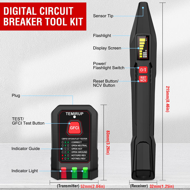 Circuit Breaker Finder with LCD Display, GFCI Outlet Tester, 90-135V Electrical Circuit Tracer Tool with NCV Test & Flashlight, Electric and Voltage Tester with Carrying Case & Batteries CBF03 circuit breaker finder + 0 Accessories