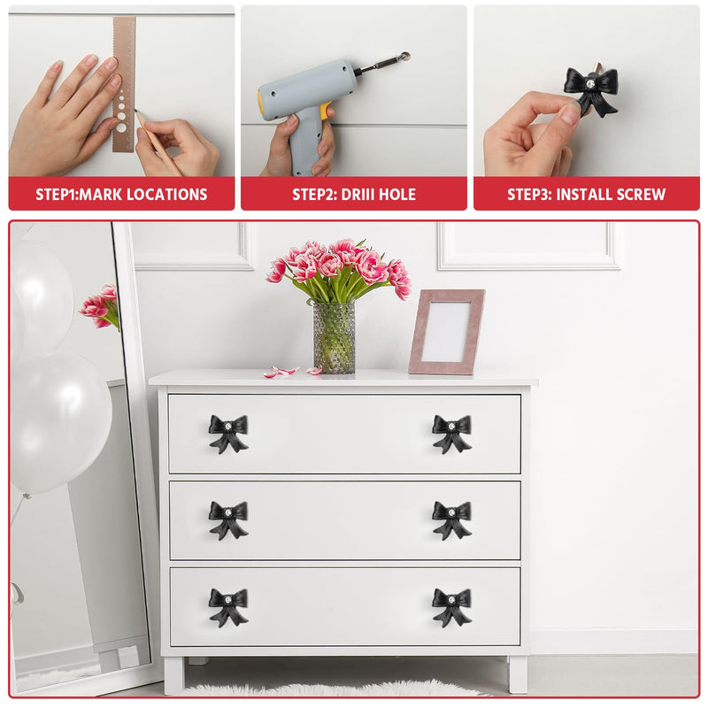 MorningRo 8 Pcs Black Bow Dresser Knobs with Diamond Small Coquette Decor Back to School Cast Iron Drawer Cabinet Knobs for Dorm Girly Bow Drawer Pull Handles for Women Girls Vanity Wardrobe Bedroom