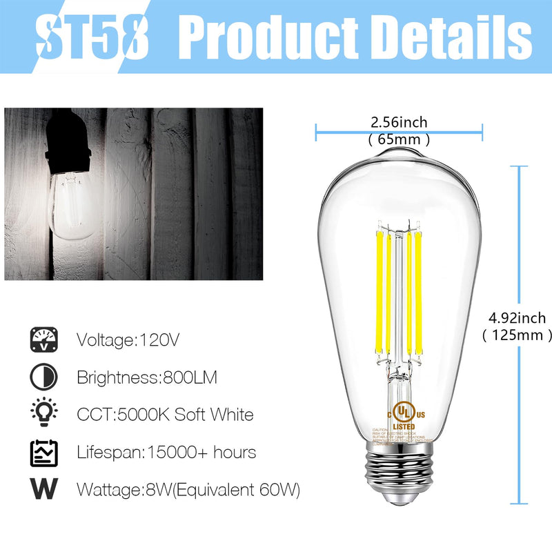 DAYBETTER 12 Pack Vintage LED Edison Bulbs, E26 Led Bulb 60W Equivalent, Dimmable Led Light Bulbs, High Brightness 800 LM Daylight White 5000K, ST58 Antique Filament Bulbs, Clear Glass Style for Home