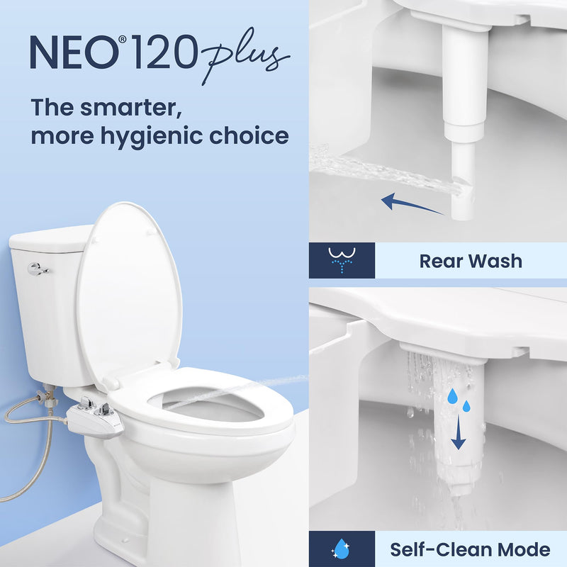 LUXE Bidet NEO 120 Plus - Single Nozzle, Non-Electric Bidet Attachment for Toilet Seat, Patented Slide-In Install, 360° Self-Clean, EZ-Lift to Clean, Rear Wash (White) White
