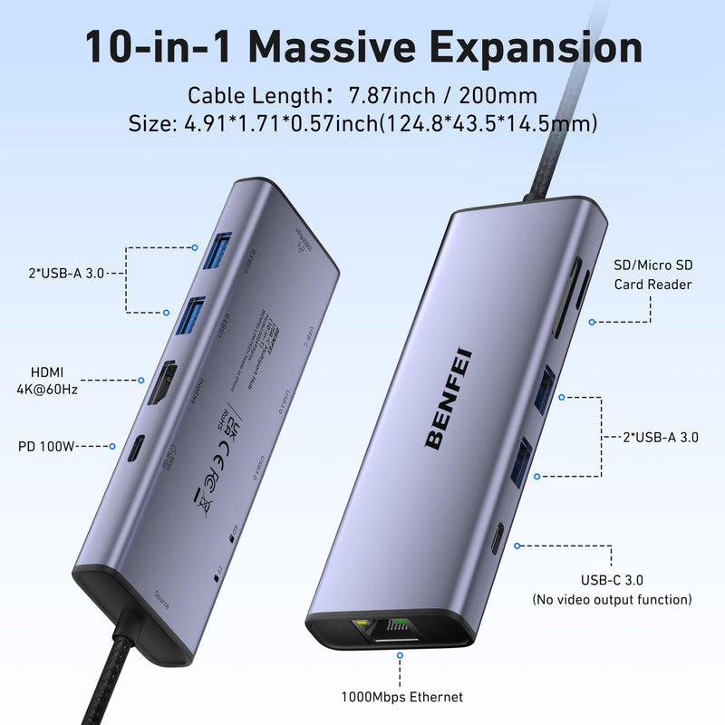 BENFEI USB C Hub 10-in-1 Docking Station, 4K@60Hz HDMI, Gigabit Ethernet, 100W PD, 5Gbps USB-C Data, 4X USB-A 3.0, 170MB/s SD/TF Card Reader for MacBook Pro/Air, iPad Pro, iMac, Galaxy S23, XPS 17