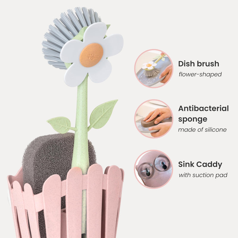 Vigar Florganic 3-in-1 Kitchen Sink Caddy Set, Flower-Shaped Dish Brush, Sponge, Fence-Shaped Holder and Suction Cup, Ideal Sink Organizer, Pink
