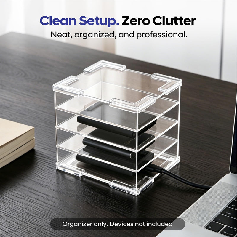 Acrylic External Hard Drive Organizer, 4-Bay Desktop Holder for HDD & SSD, Clear Portable Drive Storage