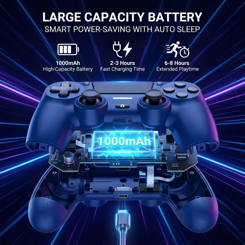 BJXOZ Wireless Controller for PS4 Controller, Gamepad with USB-C Port | Dual Vibration, Six-axis Gyroscope Sensor, 1000mAh, Speaker, 3.5mm Audio Jack, Touchpad, Compatible with PS4/Slim/Pro/PC Blue