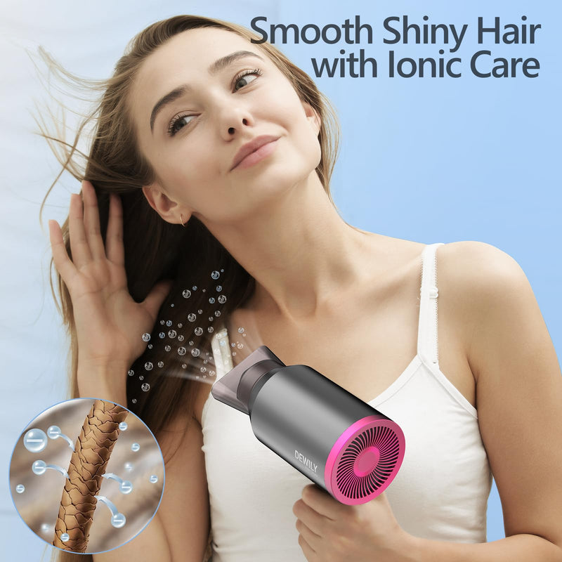 Travel Hair Dryer for Women Men-DEWILY Powerful Foldable Ironic Hairdryers | Fast Drying Hair Dryers for Curly Hair and Straight Hair，Small Blow Dryer Grey/Rose-1 Nozzle
