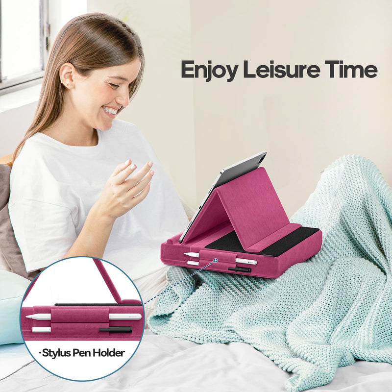 KDD Tablet Pillow Stand, Multi-Angle Viewing I-pad Holder for Lap, Bed and Desk, Foldable Soft Pad Dock with Stylus Mount Compatible with I-pad Pro 12.9, 10.5, 11, Air, Mini, Phones, Books, E-Reader Purple