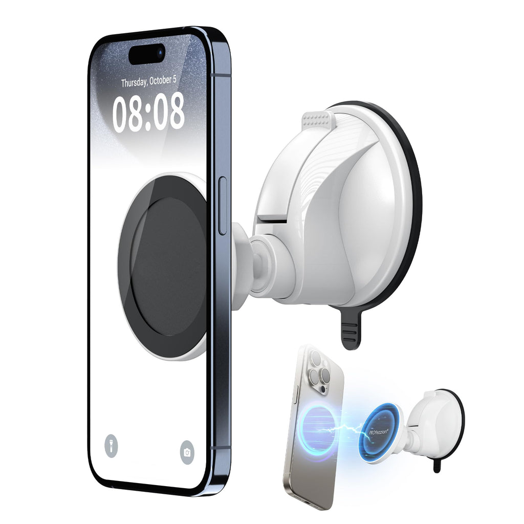 PROfezzion Magnetic Shower Mirror Phone Holder Reusable Suction Cup Phone Mount Compatible with iPhone 15 14 13 12 & All Phones, Rotating Stand for Glass Window Bathroom Kitchen Makeup Video, White