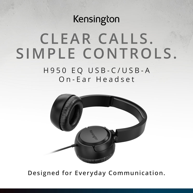 Kensington H950 EQ USB-C/USB-A On-Ear Headset with Noise-Cancelling Mic, Flip-to-Mute, in-Line Controls, Microsoft Teams & Zoom Compatible (K97468WW)