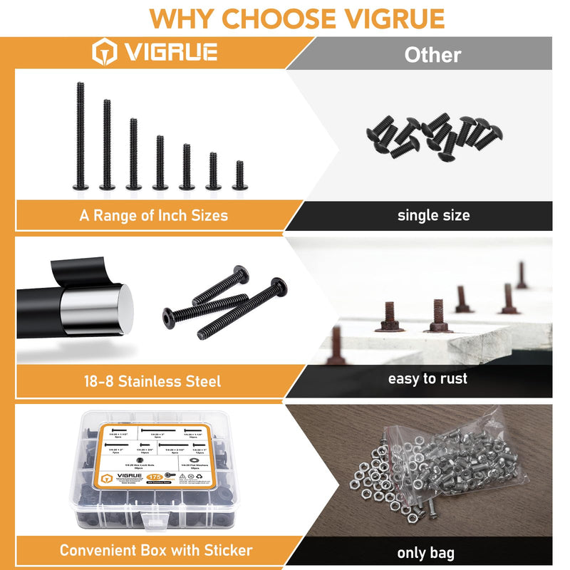 VIGRUE 175PCS 1/4-20 Flat Socket Head Screw Assortment Furniture Bolts Countersunk Screws Lock Nuts Kit, Stainless Steel 18-8 (304), Black Oxide, Length 3/4" to 3"