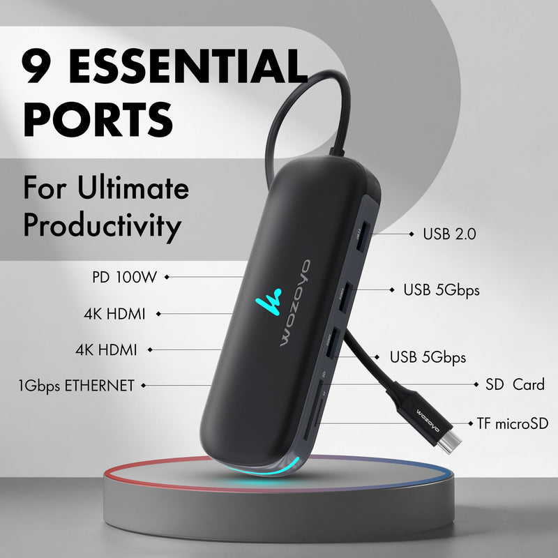 Type C 9 in 1 Wozoyo Docking Station with 2XUSB 5Gbps, 2X4K HDMI, Gigabit Ethernet, SD & TF Card Reader, PD 100W, USB 2.0, USB-C Hub, Compatible with Thunderbolt 4, macOS, Windows, Android & iOS 9-in-1