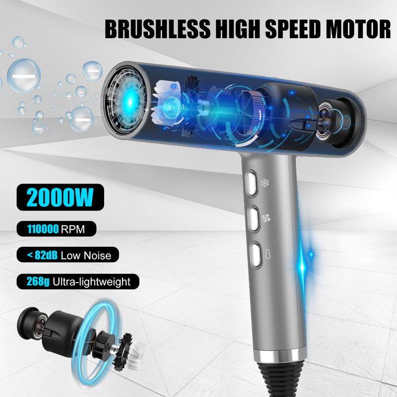 Ionic Hair Dryer 2000W High-Speed Fast Drying, 268g Lightweight | 110,000 RPM Brushless Motor, Low Noise, Travel Hairdryer with Diffuser & Concentrator, UK Plug, for women Family Salon Gift