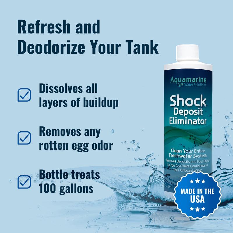 Aquamarine Water Solutions – Shock RV & Boat Water Tank Deep Cleaner and Deodorizer – Treats, Maintains Boat, RV & Household Fresh Water Systems – Ideal for Use Following Seasonal Storage – 12 Fl Oz