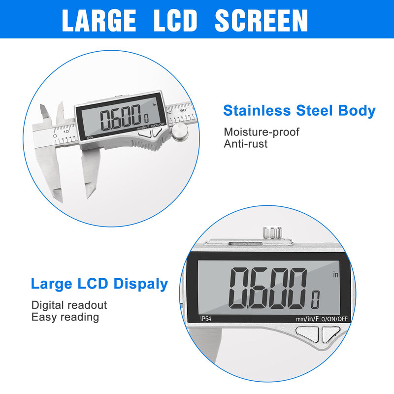 Adoric Digital Caliper, Caliper Measuring Tool Stainless Steel Vernier Caliper Digital Micrometer with Large LCD Screen, Easy Switch from Inch Metric Fraction, 0-6" Caliper Tool for DIY/Household 6" SS-Large LCD