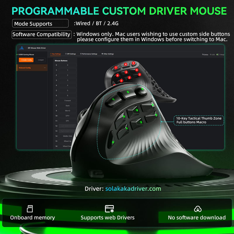 SOLAKAKA E9 PRO Ergonomic Vertical MMO Mouse with 10 Side Buttons,Black | 24800 DPI,45° Vertical Grip,Tri-Mode 2.4G/BT/USB-C,RGB,Web Driver,Programmable Macros for PC/Mac black