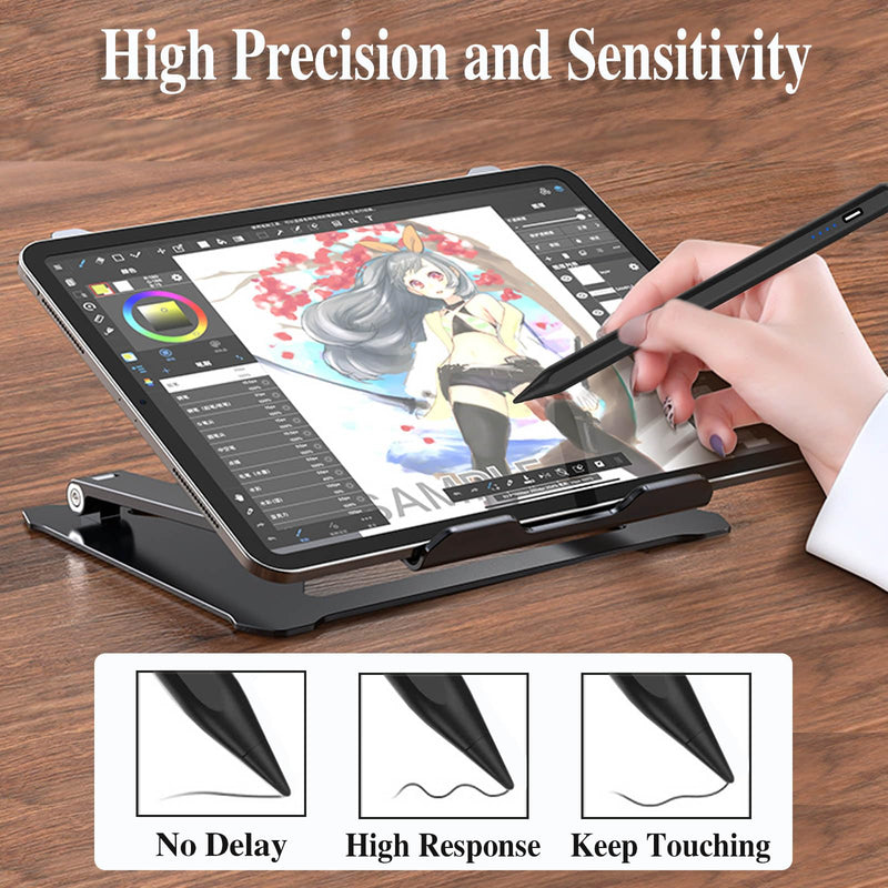 Active Stylus Pens for Touch Screens Rechargeable Tablet Pen POM Tip Magnetic iPad Pencil Stylus Pen for iPad/Pro/Air/Mini/iPhone/Samsung/Android and Other Smartphone Device-Black AC08U-Black