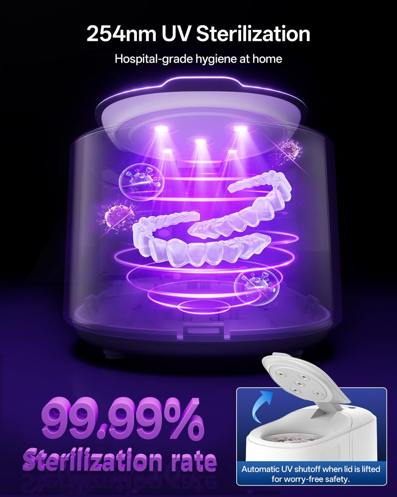 30W Ultrasonic Retainer Cleaner Machine,IPX7 Waterproof Dental Cleaning Pod,45kHz Denture Dome With UV Light,3 Modes, Digital Timer for Night Guard, Mouth Guard, Braces with 230ml Tank(Grey) Grey