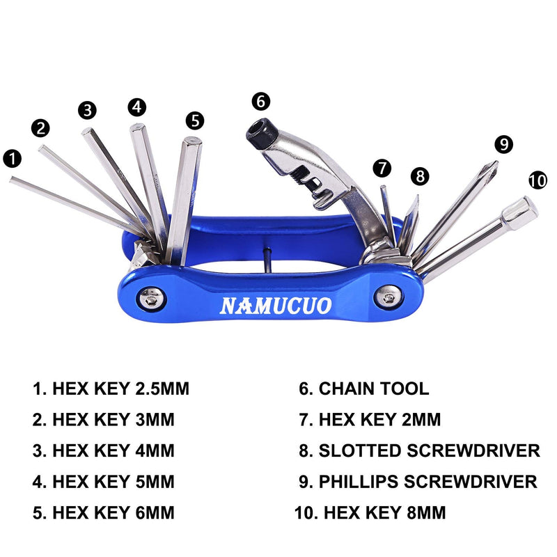 YBEKI 10-in-1 Bike Repair Kit with, 3-in-1 Tire Levers, Glueless Patches, Multifunctional Bone Wrench & Waterproof Saddle Bag | Compact Bicycle Multi-Tool Kit for Emergency Roadside Repairs Blue Tool Kits 10 in 1 + Bag