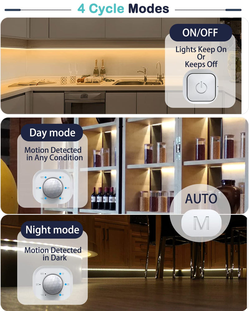 Under Cabinet Lights - Plug-in Motion Sensor LED Strip Lights Indoor with UL FCC Approved Adapter, Dimmer and Timer for Kitchen Cabinet, Stairway, Bedroom 2 Pack WARM WHITE 6000K 16.4FT 2 PACK