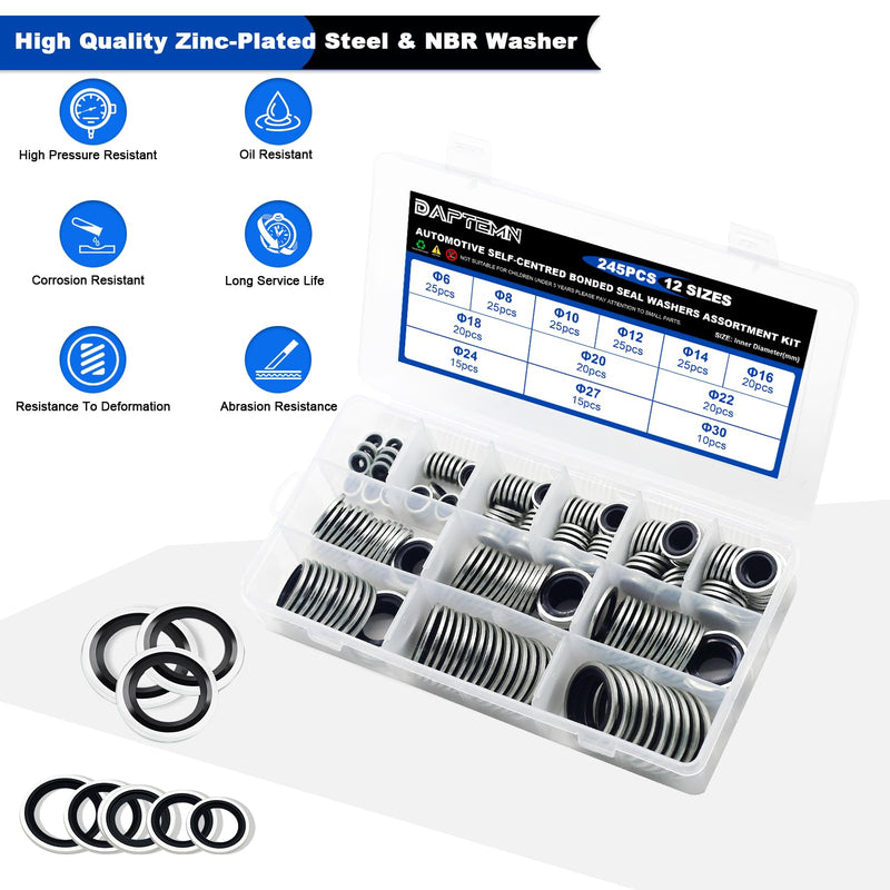 245PCS Bonded Sealing Washers, NBR Metric Zinc-Plated Steel Self-Centred Sealing Rubber Washers, Automotive Seal Gasket Crush O-Ring Assortment Kit Set, Includes Sizes of M6-M30 245PCS Black Seal Washers